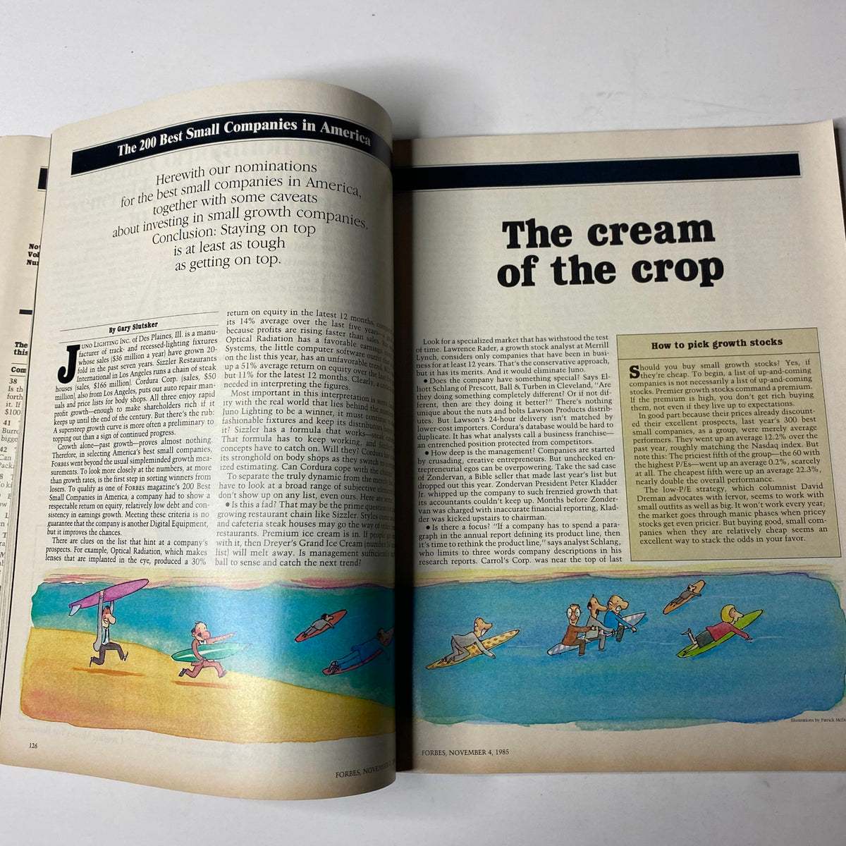 Interior page of Forbes Magazine November 4, 1985 featuring the article 'The 200 Best Small Companies in America' with illustrations of business professionals engaged in activities on the beach.