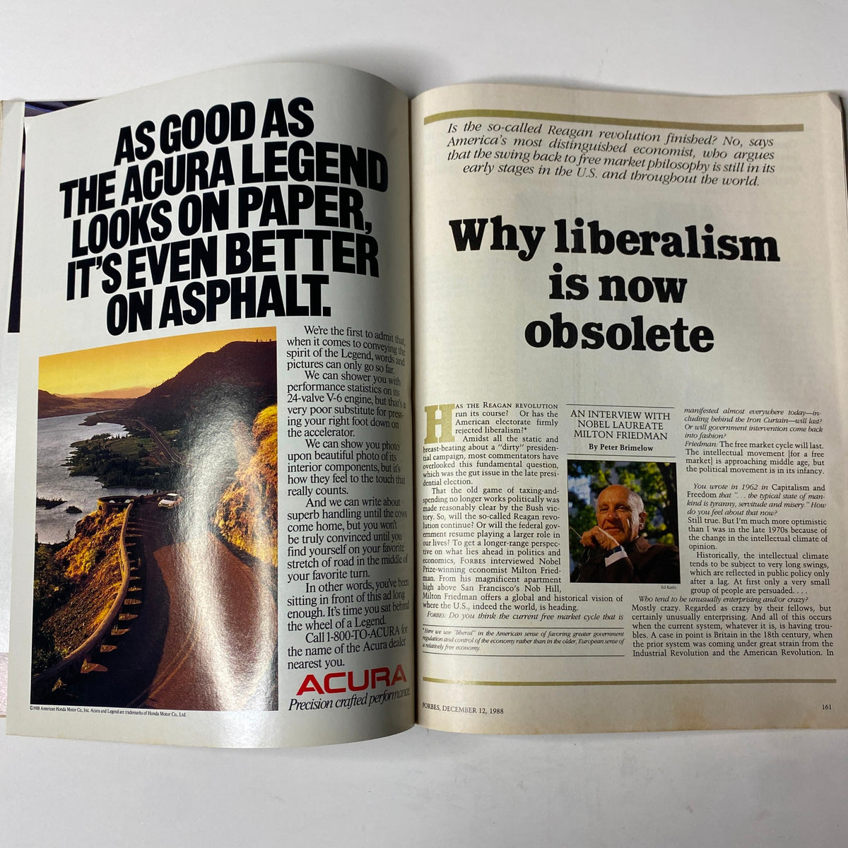 Two-page spread in Forbes Magazine December 12, 1988 highlighting the interview with Milton Friedman titled 'Why liberalism is now obsolete'.