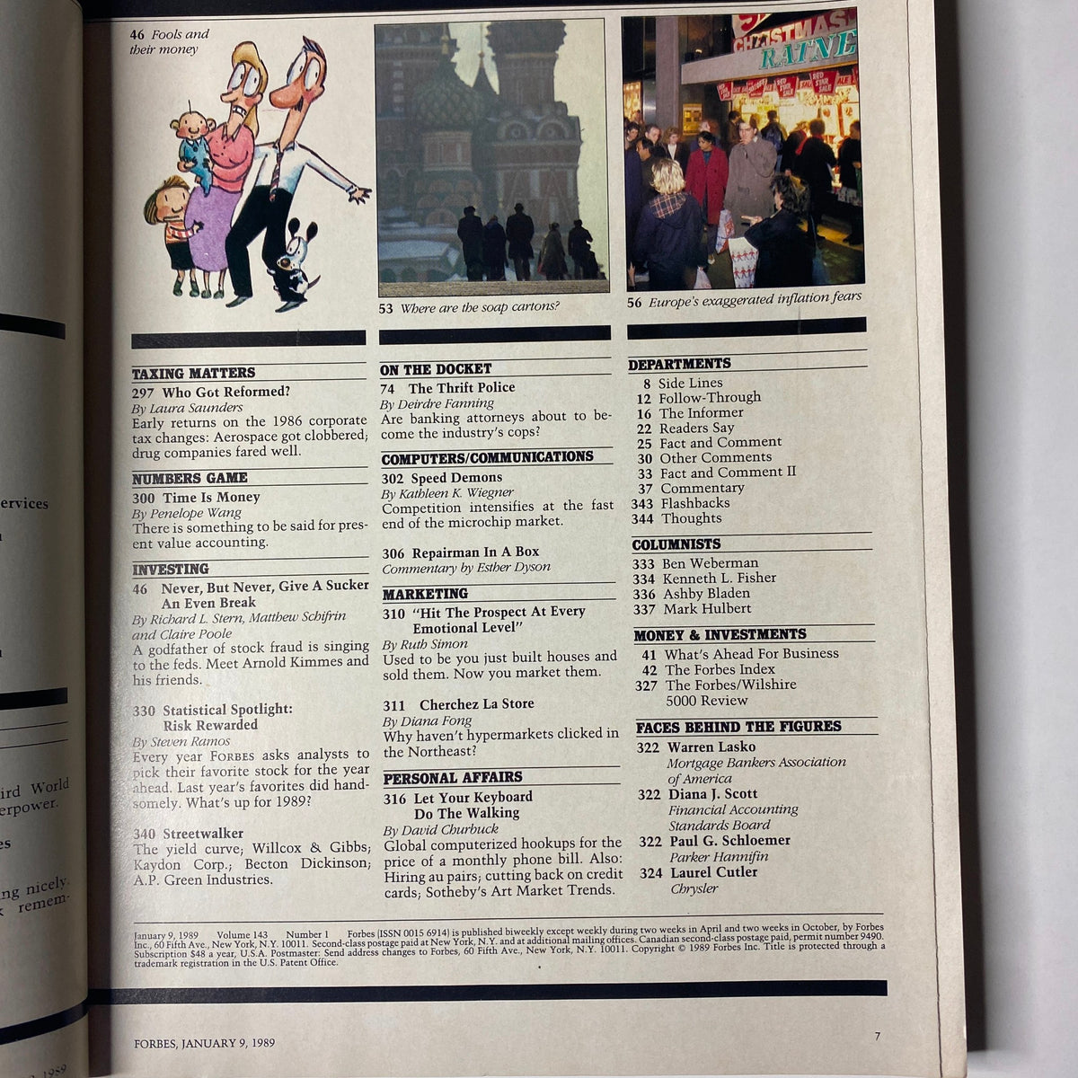 Inside page of Forbes Magazine January 9, 1989 with articles focused on economic matters, marketing insights, and taxation issues, part of the 41st Annual Report on American Industry.