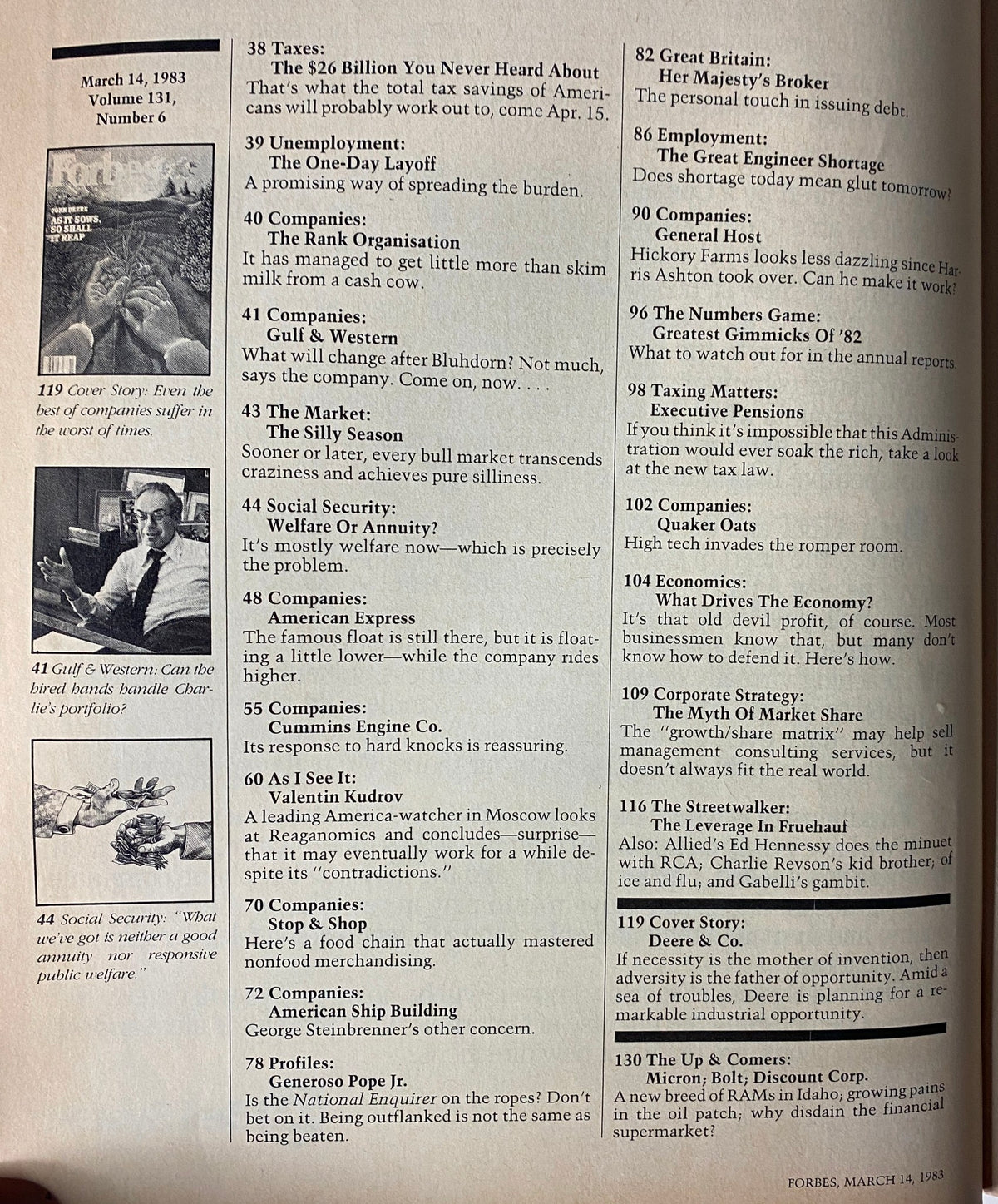 Contents page of Forbes Magazine March 14, 1983 showcasing articles and features related to corporate strategies and economic conditions.