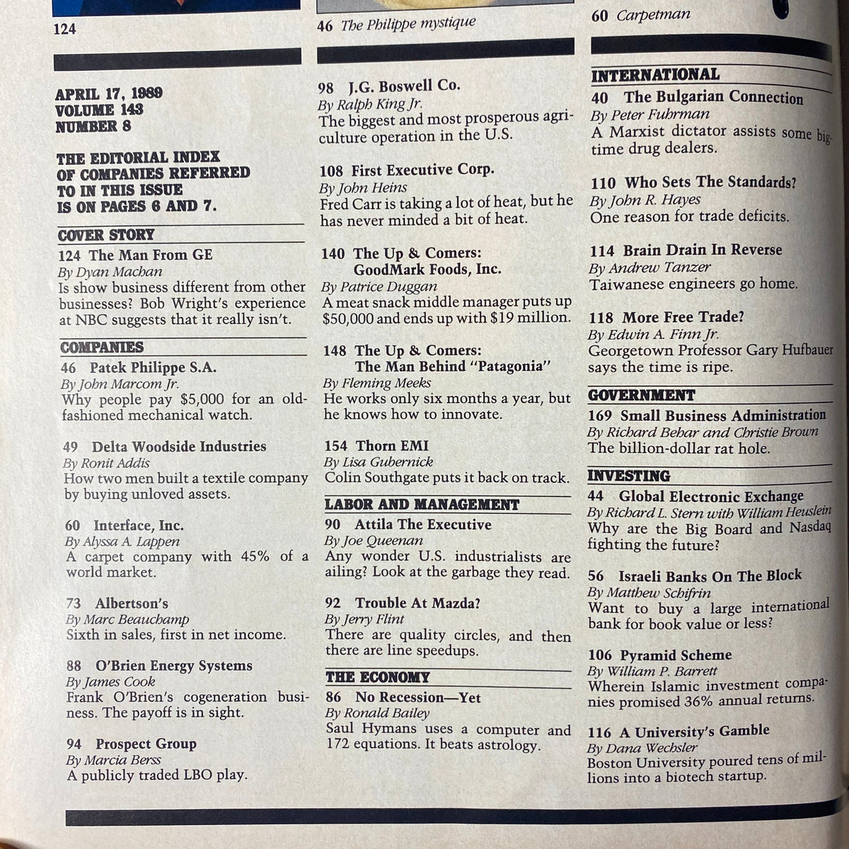 Editorial index of Forbes Magazine, April 17, 1989, listing companies and articles, featuring the cover story 'The Man from GE' about NBC President Robert Wright.