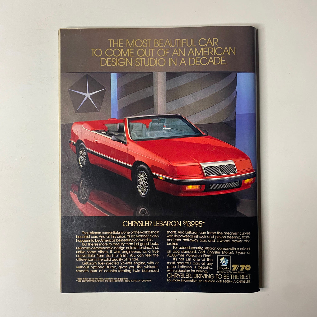 Ad for the Chrysler LeBaron in Forbes Magazine, April 17, 1989, highlighting its features and design, while promoting it as a stylish convertible.