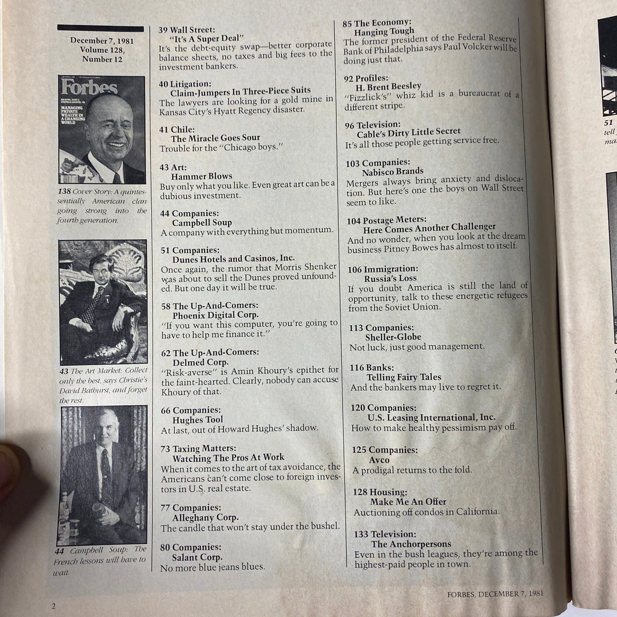 Table of contents for Forbes Magazine December 7, 1981, highlighting various articles including cover story on Stephen Bechtel Jr. Features topics like corporate finance, Wall Street innovations, and economic trends of the era.