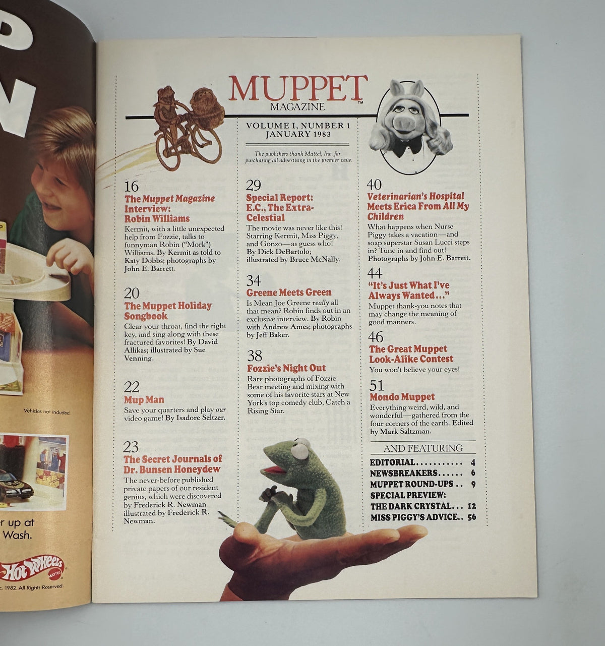 Inside page of Muppet Magazine January 1983 displaying the Table of Contents, highlighting content such as Kermit's interview with Robin Williams, the Muppet Holiday Songbook, and other fun Muppet-related articles.