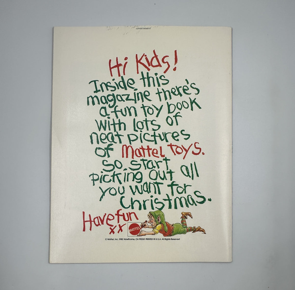 Back cover of Muppet Magazine January 1983 with a playful message to kids about a fun toy book featuring Mattel toys, encouraging them to think about their Christmas wishes.