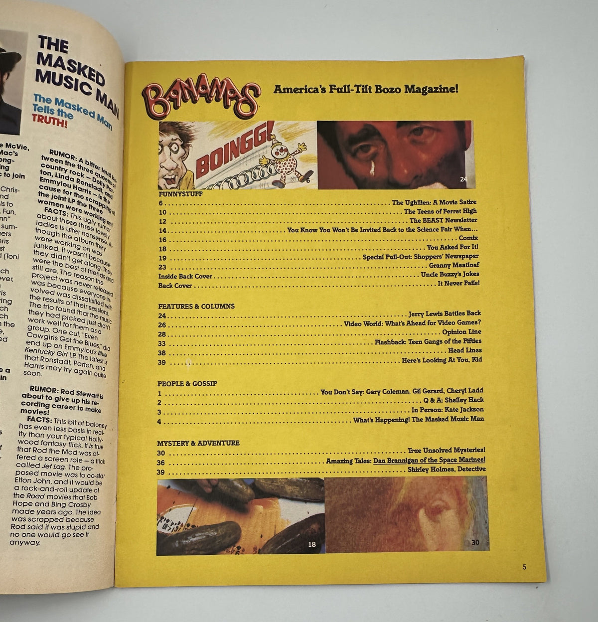 Bananas Magazine No. 31 featuring the Table of Contents, with highlights including Funny Stuff and People & Gossip, showcasing Jerry Lewis and Shelley Hack.