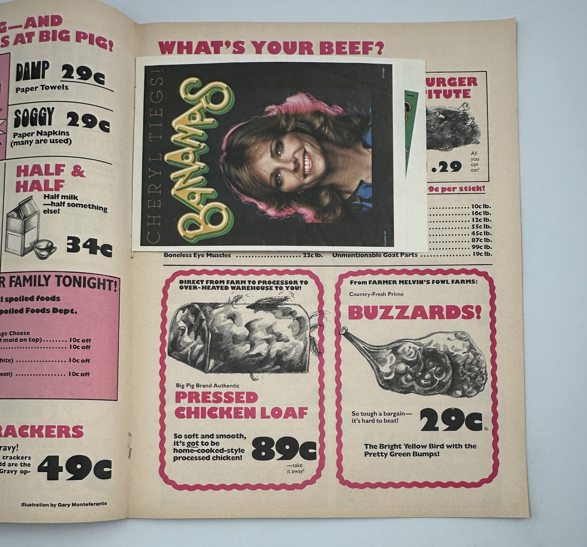 Bananas Magazine No. 31 showcasing an advertisement for food items, including Pressed Chicken Loaf, with fun illustrations and pricing details.