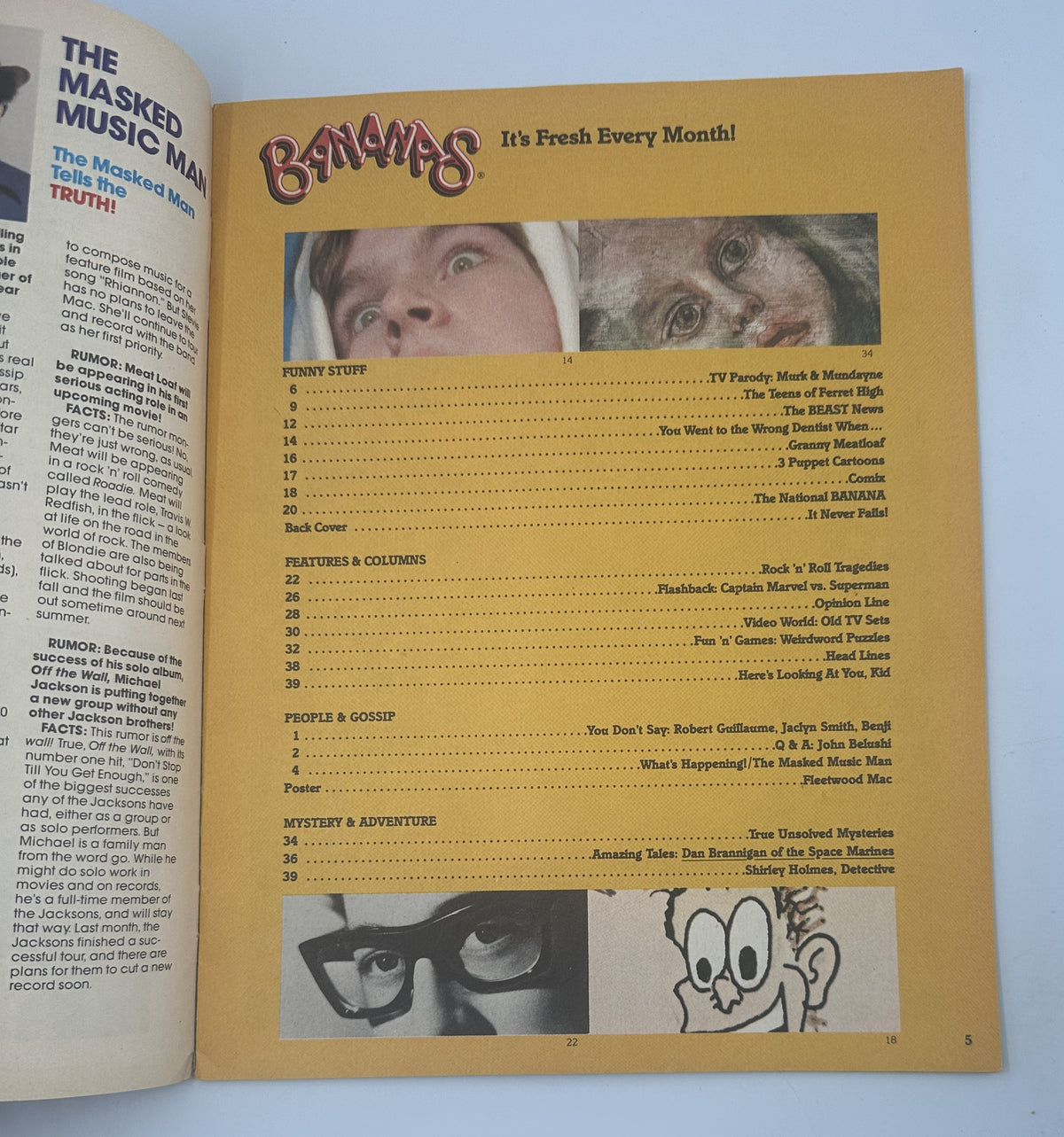 Page from Bananas Magazine No. 34 showcasing the Table of Contents including 'Funny Stuff', 'Features & Columns', and 'People & Gossip'.