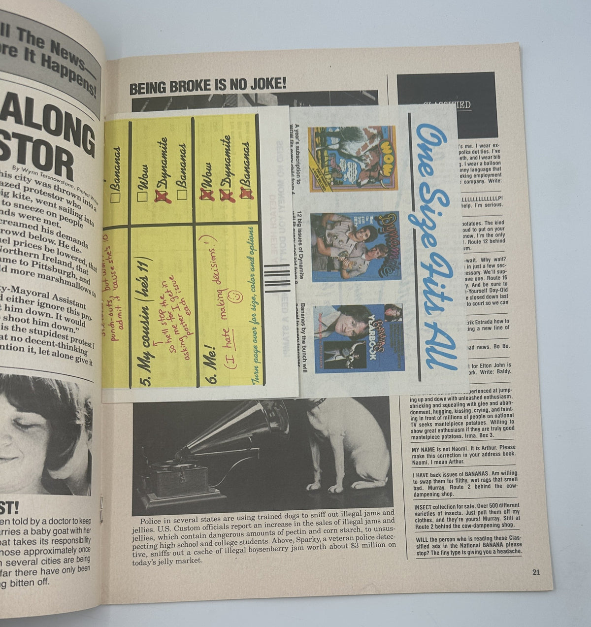 Interior page of Bananas Magazine No. 34 with humorous content regarding societal issues and pop culture.