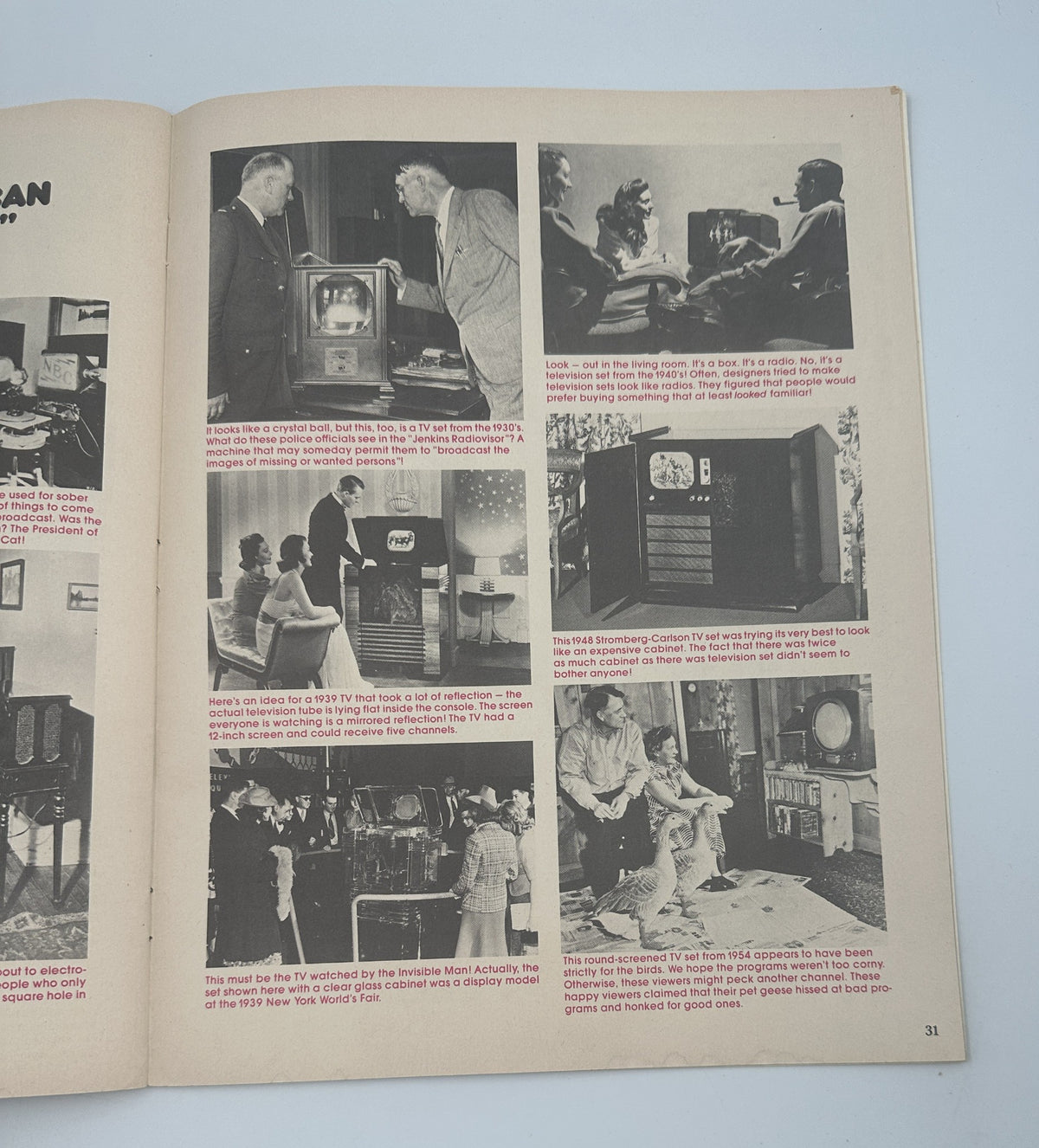Page from Bananas Magazine No. 34 displaying nostalgic images of vintage television sets and viewers.