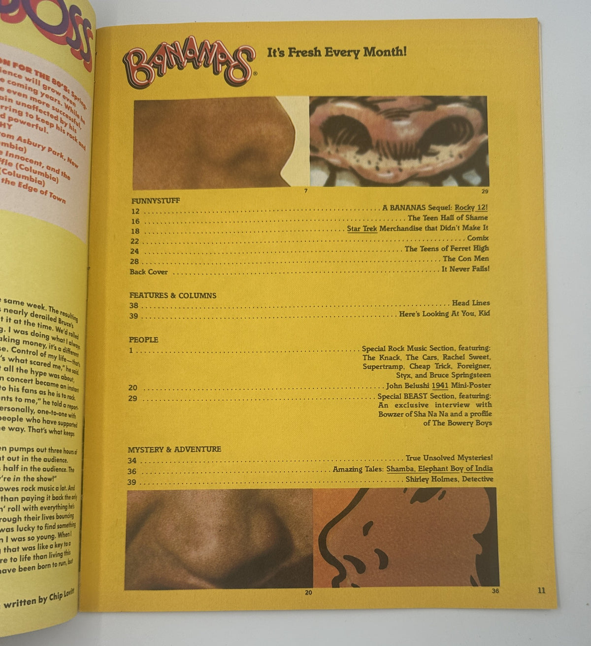 Table of contents from Bananas Magazine No. 35, detailing featured articles including Funny Stuff and People, with highlights on rock bands and music-related columns.