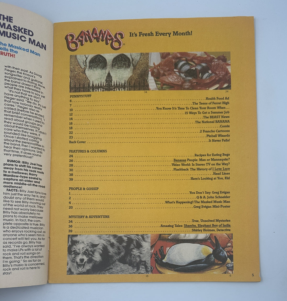 Inside page of Bananas Magazine No. 37 showing the Table of Contents with sections like Funny Stuff, Features & Columns, People & Gossip, and Mystery & Adventure.