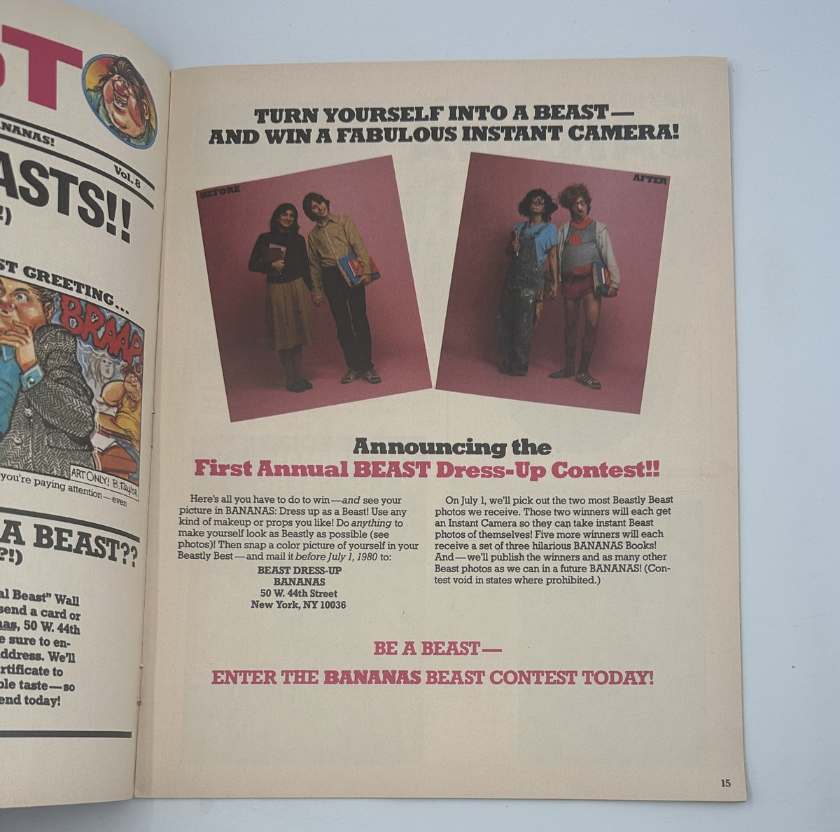 Promotion for the First Annual BEAST Dress-Up Contest in Bananas Magazine No. 37, encouraging readers to participate for a chance to win an instant camera.