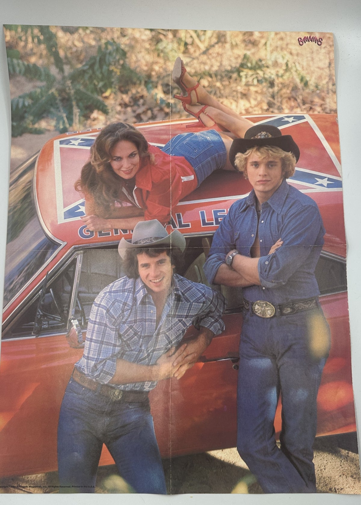 Centerfold of Bananas Magazine No. 37 featuring characters posing on top of a red General Lee car, embodying the Dukes of Hazzard theme.