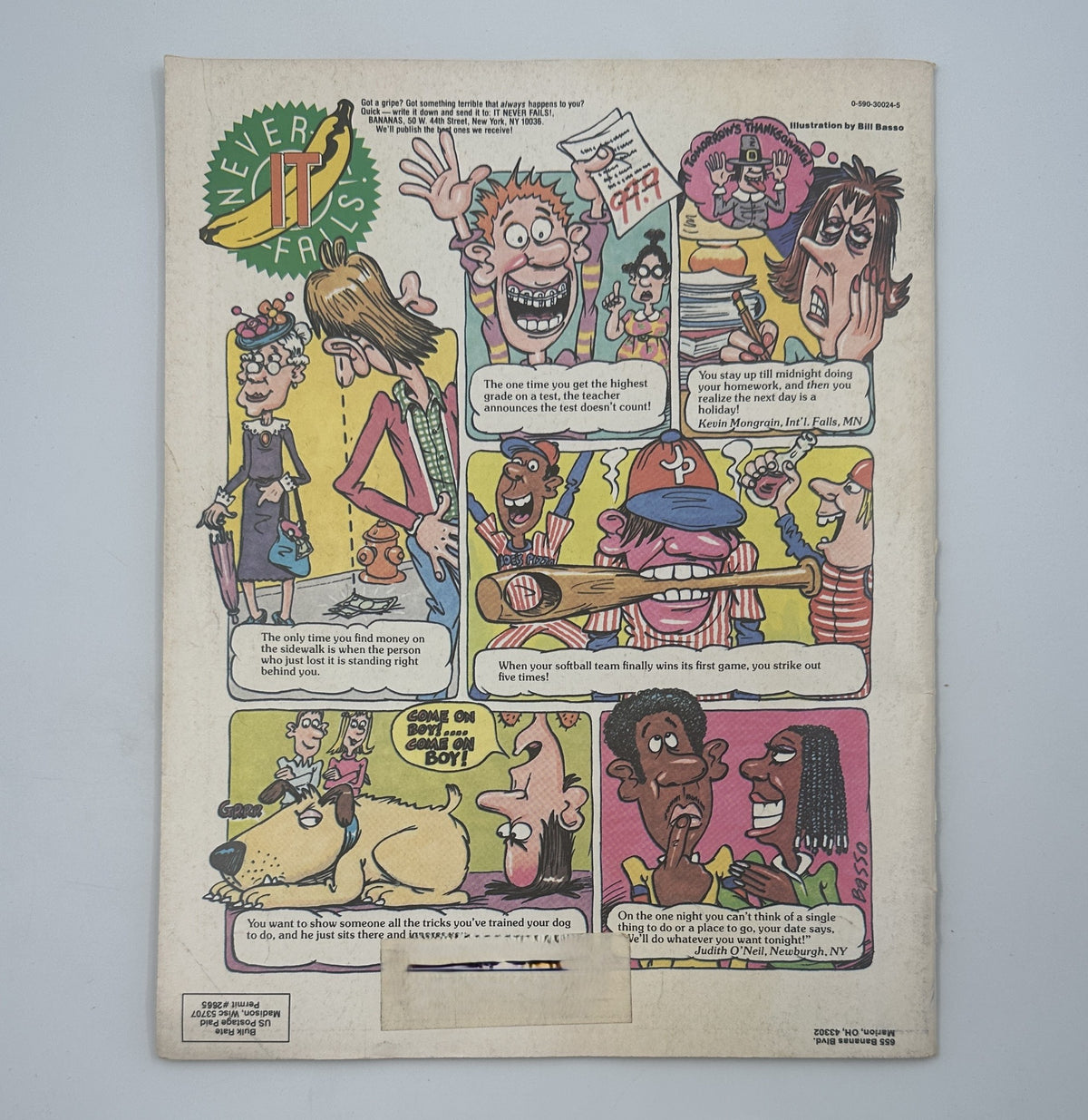 Bananas Magazine No. 37 cover featuring humorous comic illustrations and dialogues, showcasing characters in comedic situations. Includes notable TV stars Greg Evigan and John Schneider from Dukes of Hazzard. The magazine is in good condition, complete with the original poster.