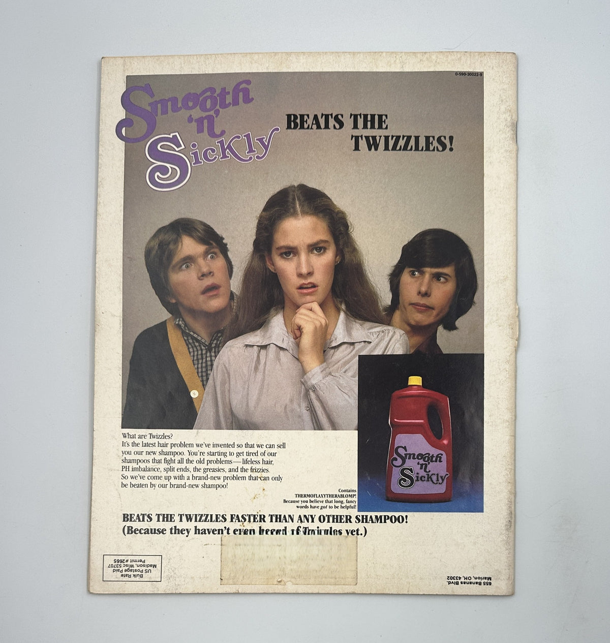 Bananas Magazine No. 36 featuring Willie Aames on the cover, showcasing a humorous shampoo advertisement titled 'Smooth 'n Sickly.' The image features a trio of actors, including a female lead with long hair and two male characters, emphasizing a comedic take on hair care products.