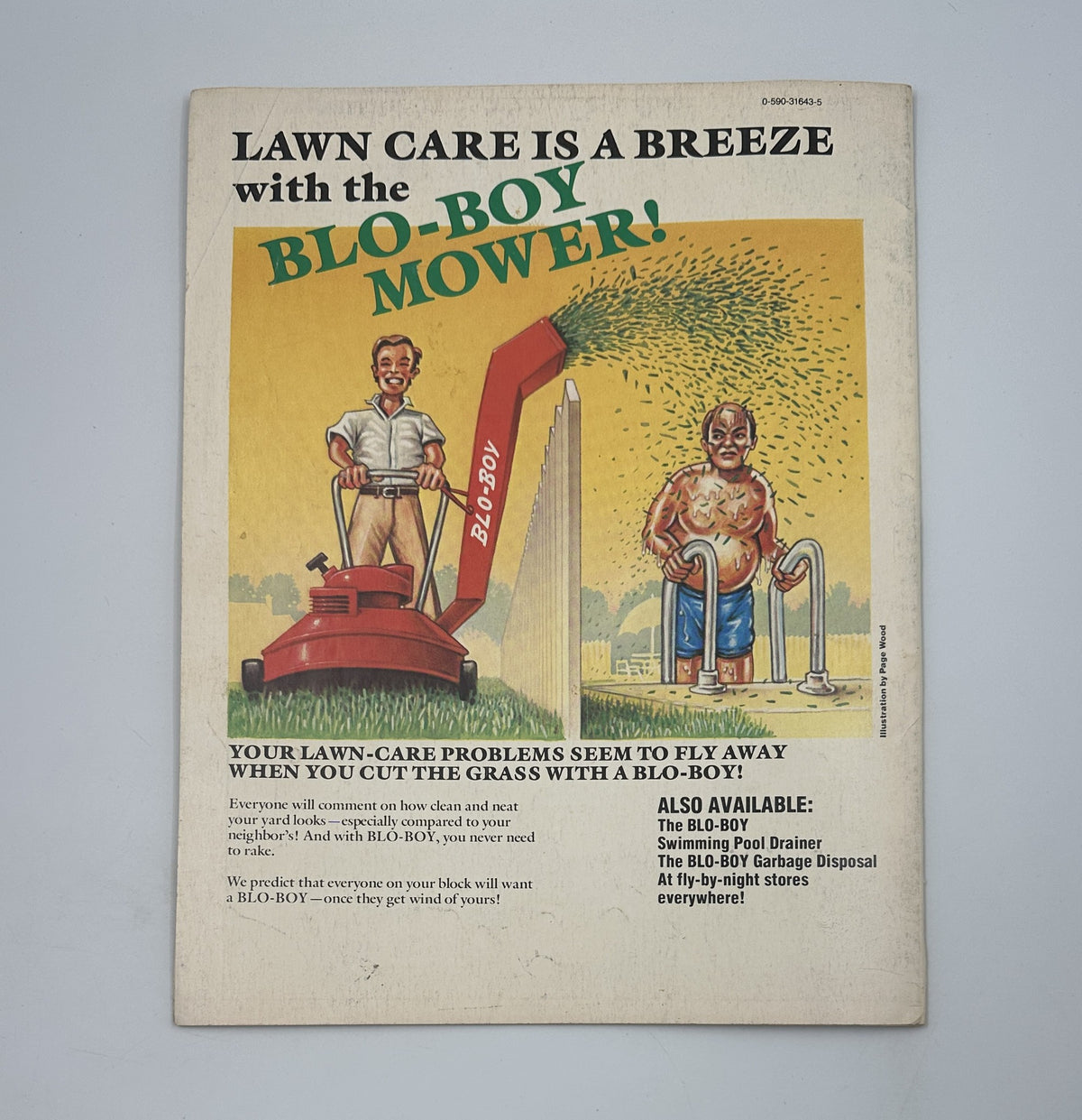 Advertisement page from Bananas Magazine No. 39 promoting the BLO-BOY mower, illustrating lawn care with a humorous twist.