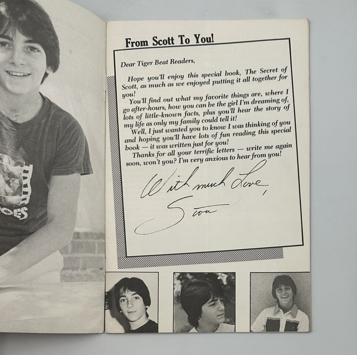 Personal note from Scott Baio to readers in 'The Secret of Scott Baio' magazine, expressing his gratitude and connection with fans. This magazine issue is a nostalgic piece for collectors.