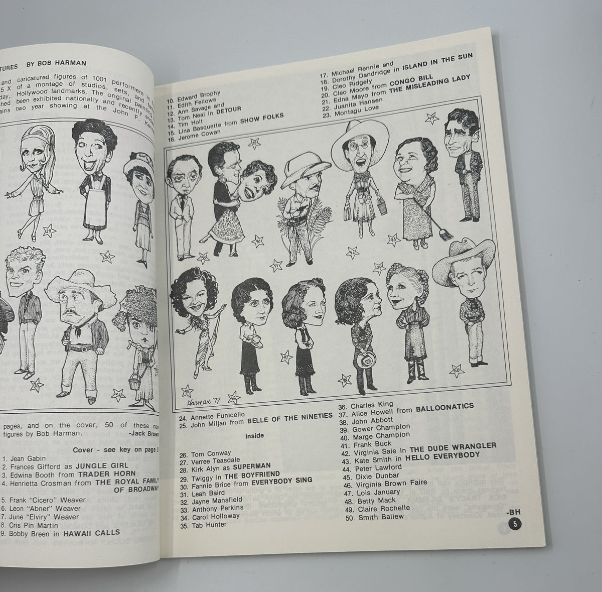 Interior page of The World of Yesterday Magazine, February 1979, showcasing illustrated profiles of film stars in a nostalgic format.