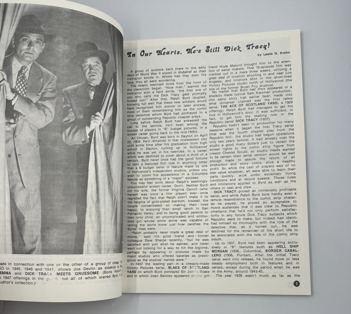 Interior article page from The World of Yesterday Magazine, February 1979, discussing classic film legends with black and white imagery.