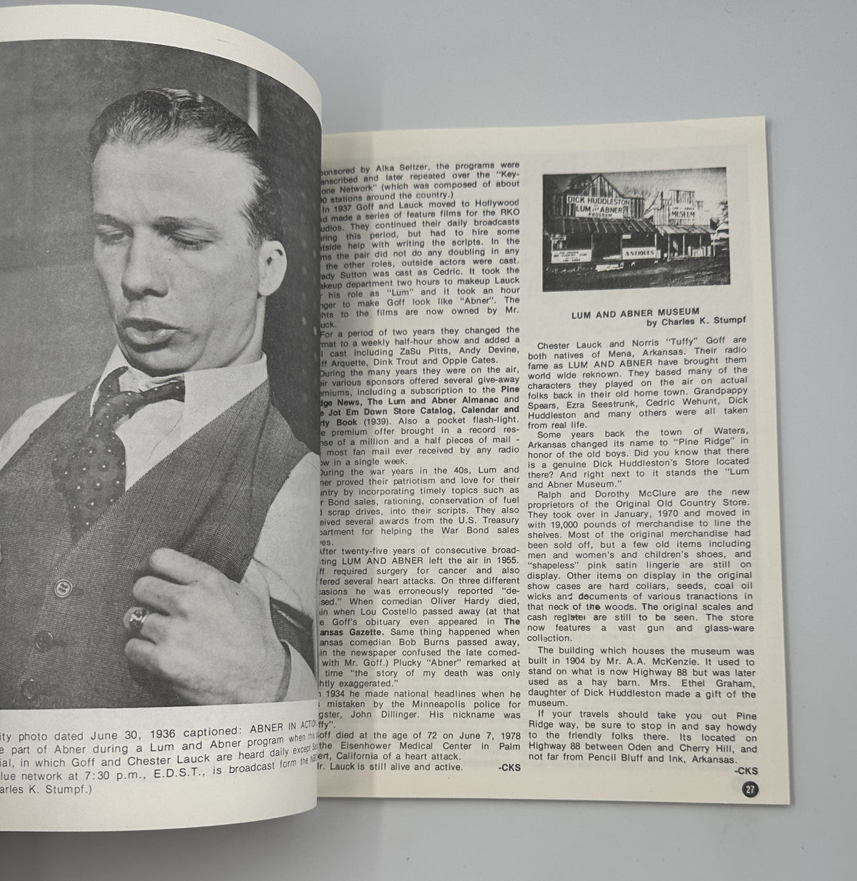 Interior page of The World of Yesterday magazine February 1979 featuring a historical article about classic Hollywood film stars, including an image of a man in formal attire, showcasing details of the Lum and Abner Museum.