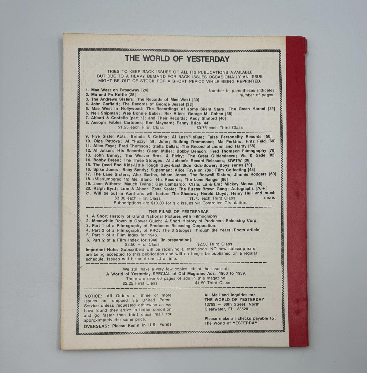 Back cover of The World of Yesterday magazine February 1979 displaying publication details and ordering information, emphasizing vintage cinema and classic Hollywood film stars.