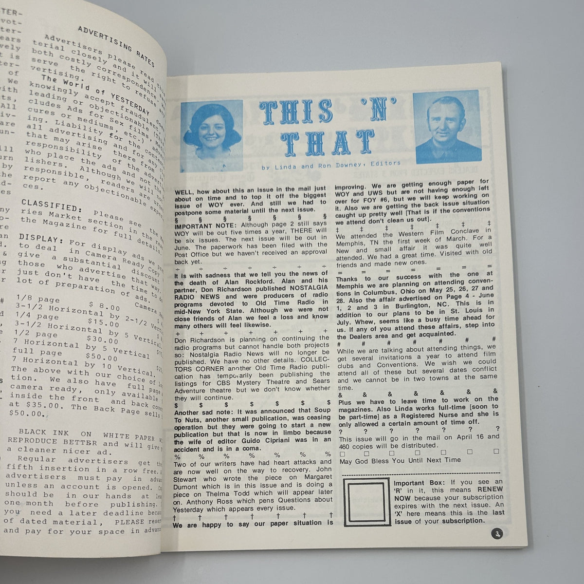 Inner page of The World of Yesterday Magazine April 1979 displaying the 'This 'n' That' section, showcasing vintage articles and advertisements from the era.