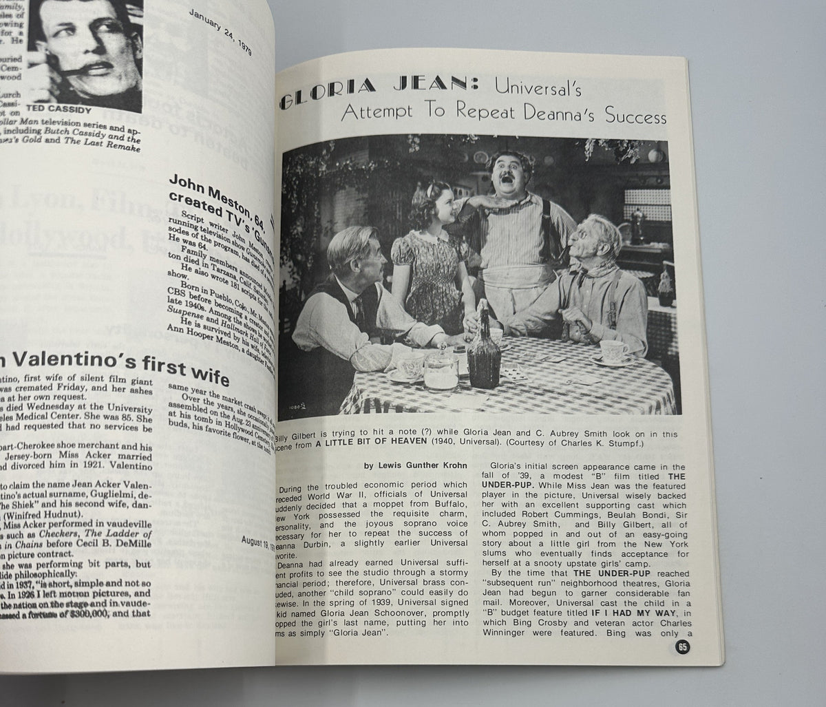 Page from The World of Yesterday Magazine April 1979 highlighting Gloria Jean, detailing Universal’s attempt to repeat her earlier success in the film Little Bit of Heaven.