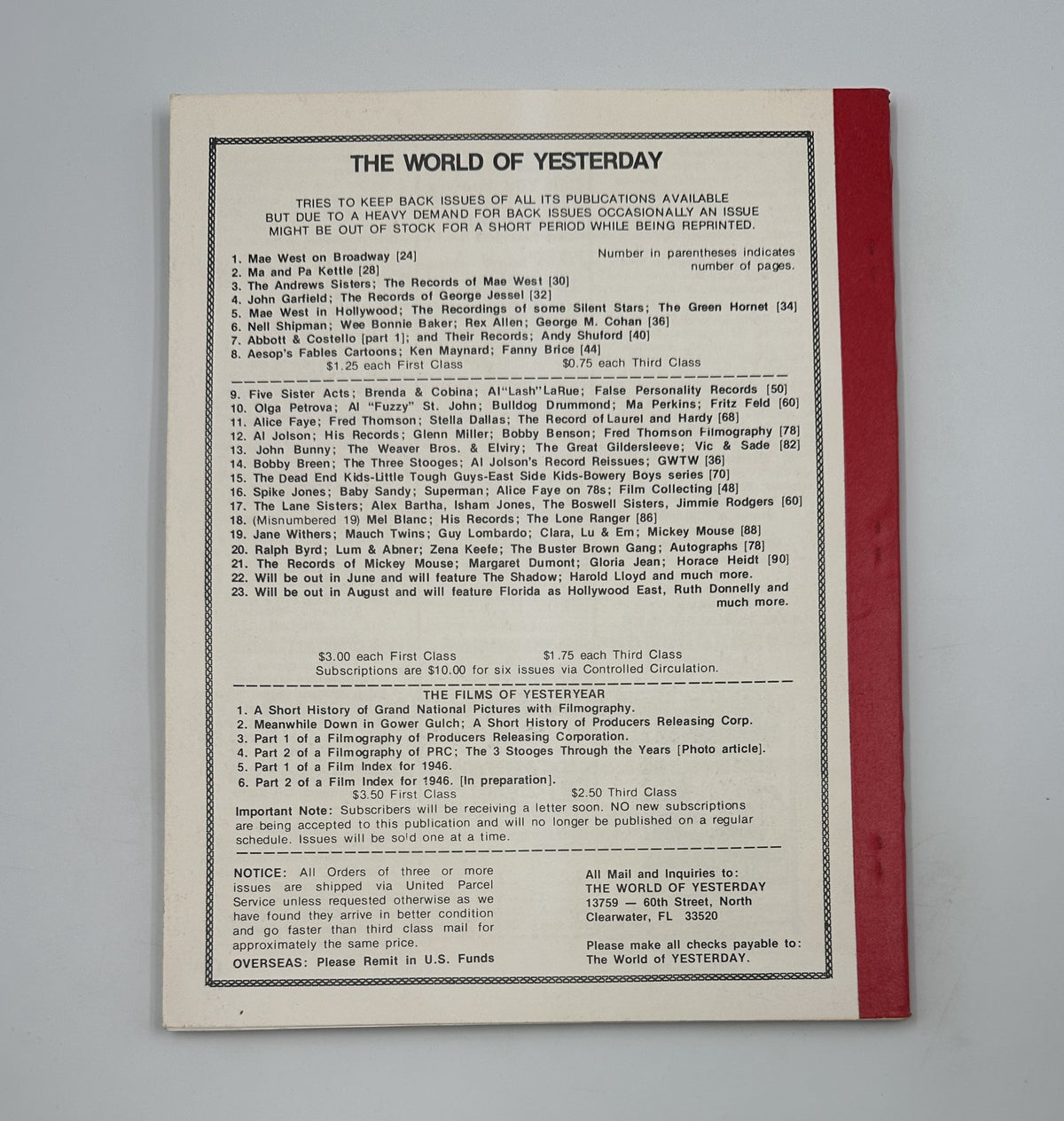 Back cover of The World of Yesterday Magazine April 1979 including subscription information and details about ordering past issues.