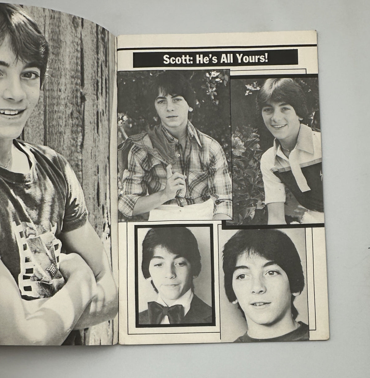 Scott Baio’s Personal Photo Album Magazine displaying various portraits of Scott Baio, highlighting his charming looks and style as a teen idol, reinforcing his popularity during the Happy Days era.