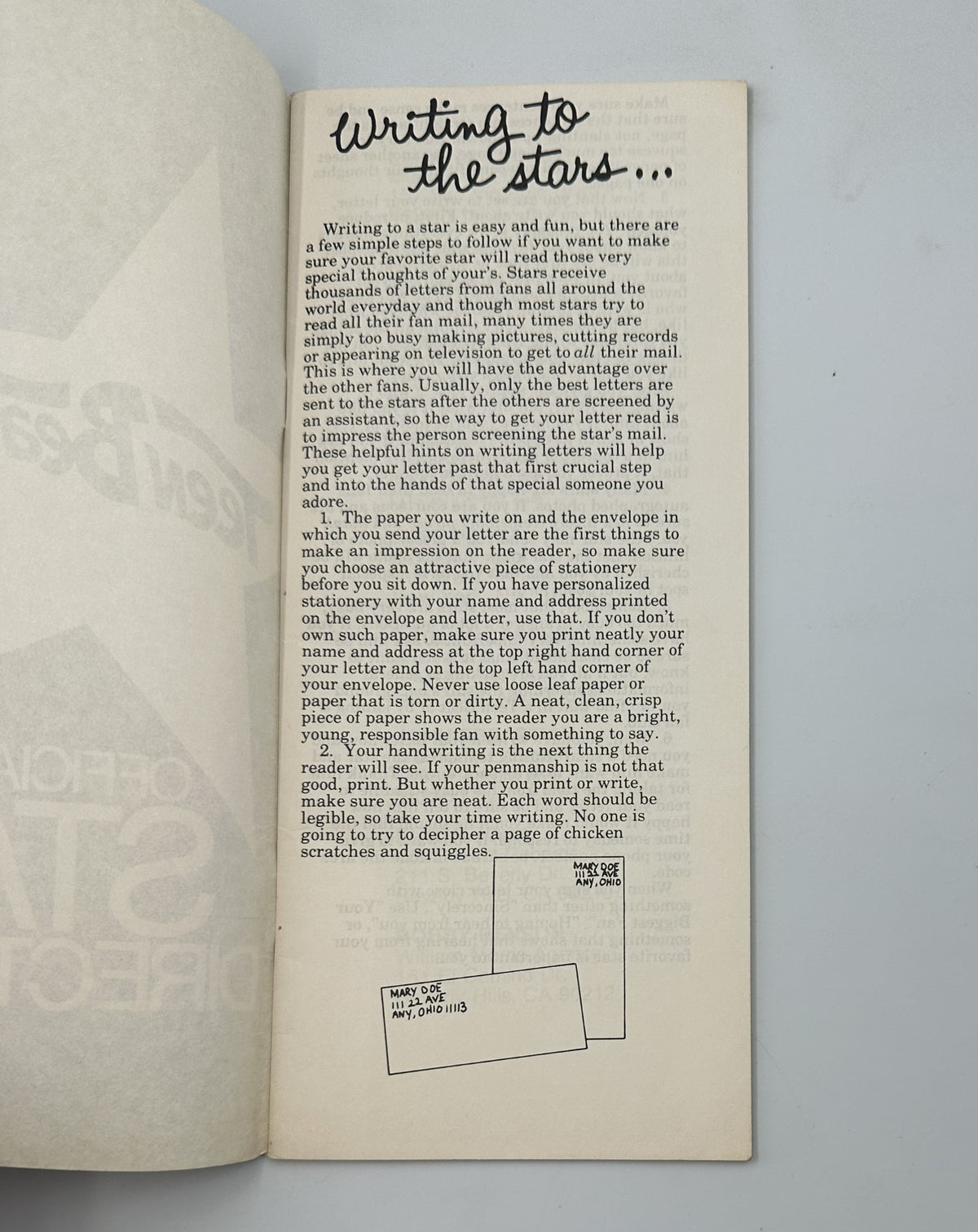Page from the Teen Beat Magazine Official Star Directory featuring tips on writing to teen idols, highlighting the importance of fan letters.