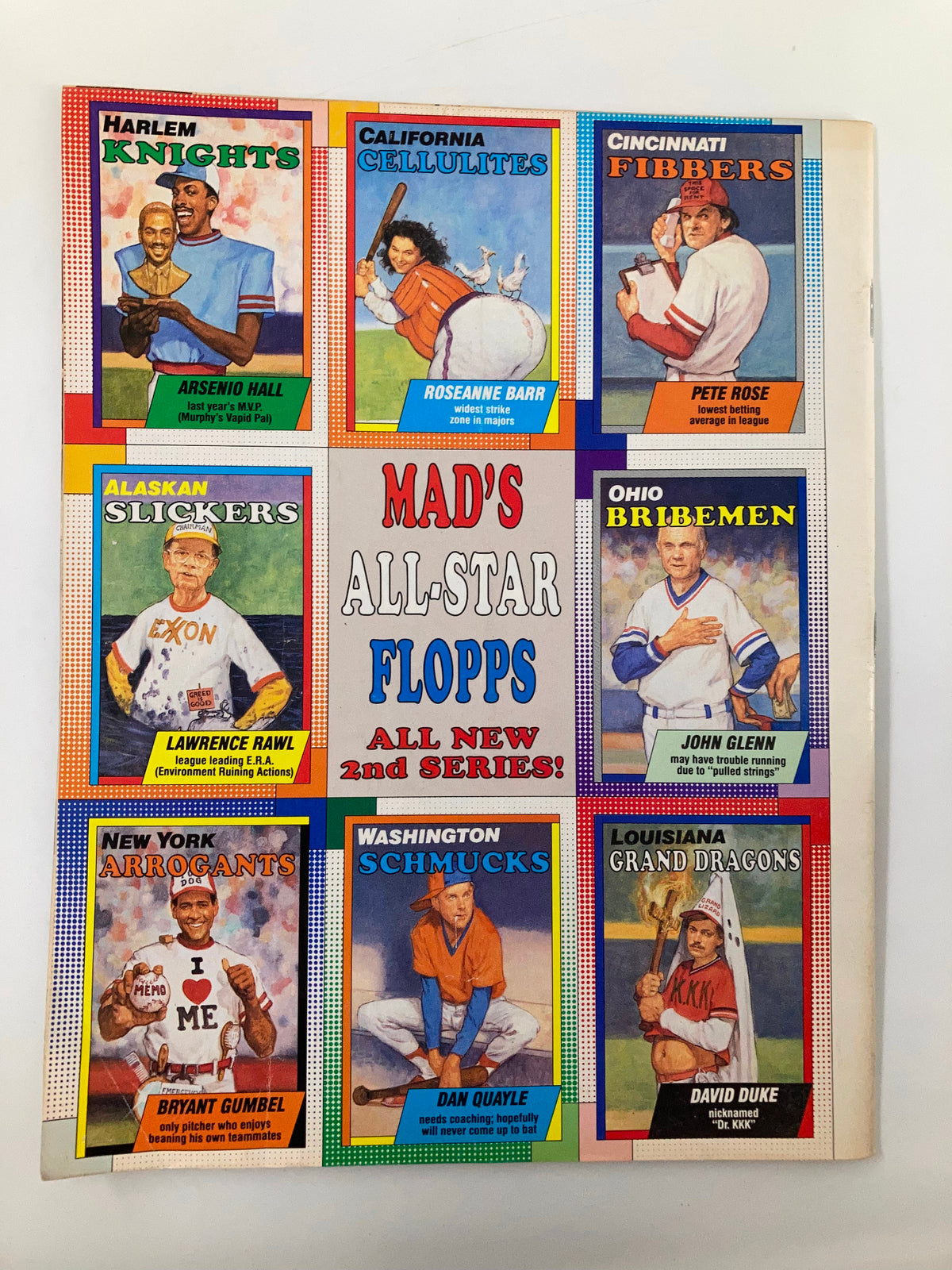 Back cover of a vintage MAD Magazine featuring 'MAD's All-Star Flopps' with cartoon illustrations of various sports characters, reflecting humorous takes on pop culture.