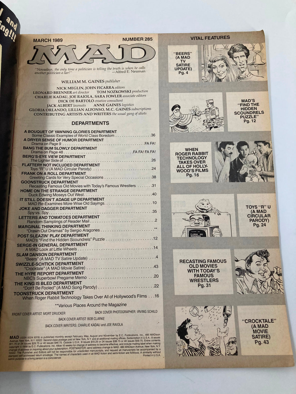 Contents page of Mad Magazine No. 289 from March 1989, highlighting various satirical articles and features, including a parody of pop culture events.