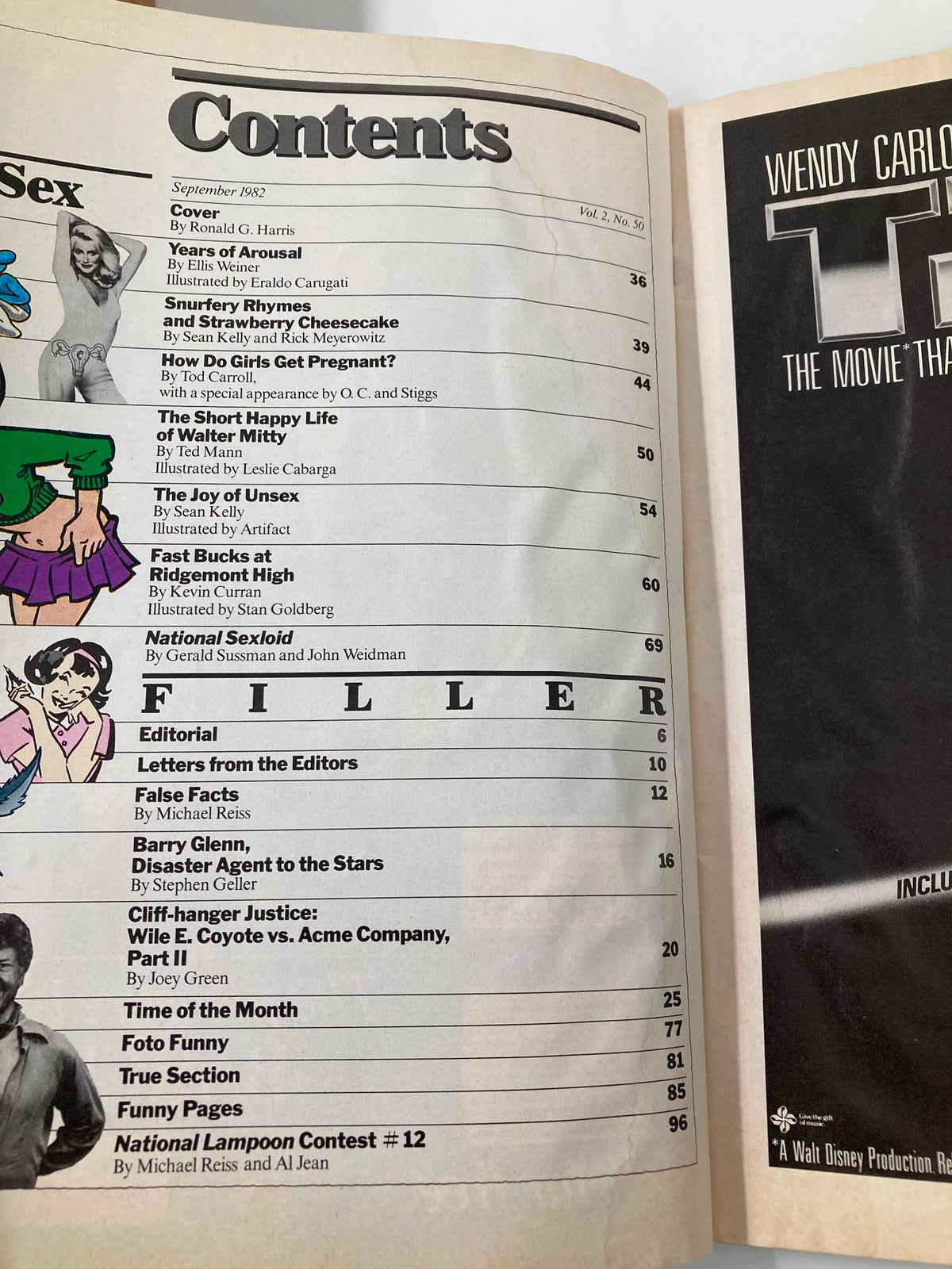 Table of contents for National Lampoon Humor Magazine September 1982, showcasing various humorous features and articles, including naughty coed hijinks.