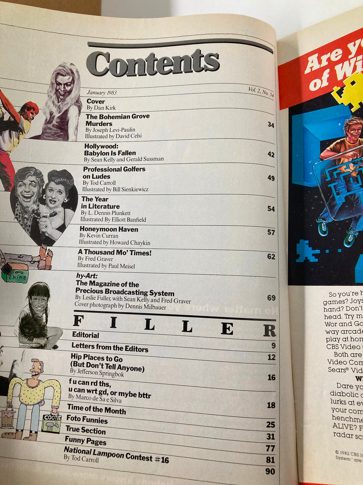 Contents page of National Lampoon Humor Magazine January 1983 Edition, listing articles and features such as 'The Bohemian Grove Murders' and 'Hollywood: Babylon Is Fallen'.