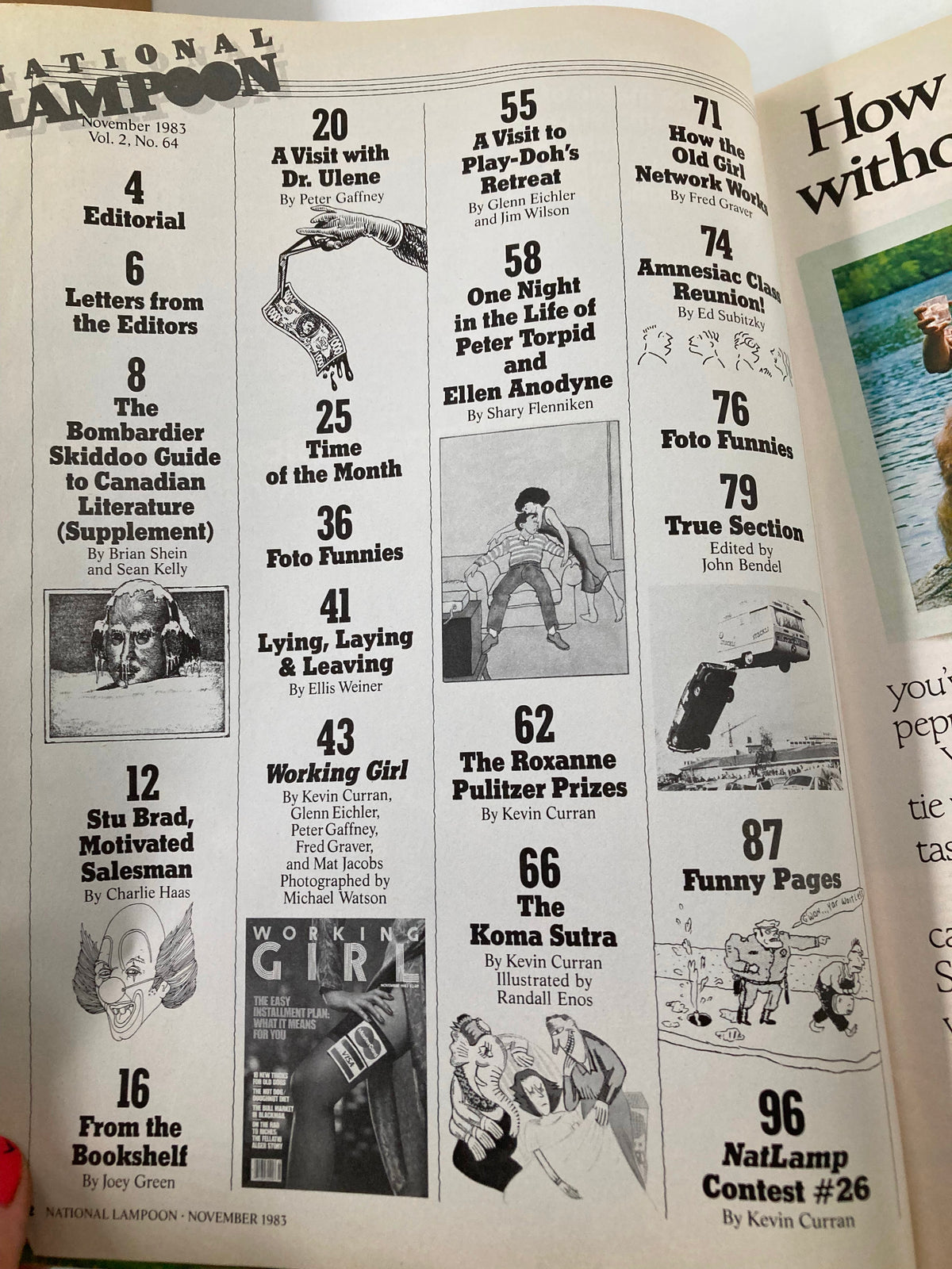 Interior page from National Lampoon Humor Magazine November 1983 featuring the table of contents with titles such as 'Stu Brad, Motivated Salesman' and 'Working Girl', highlighting the magazine's comedic articles.