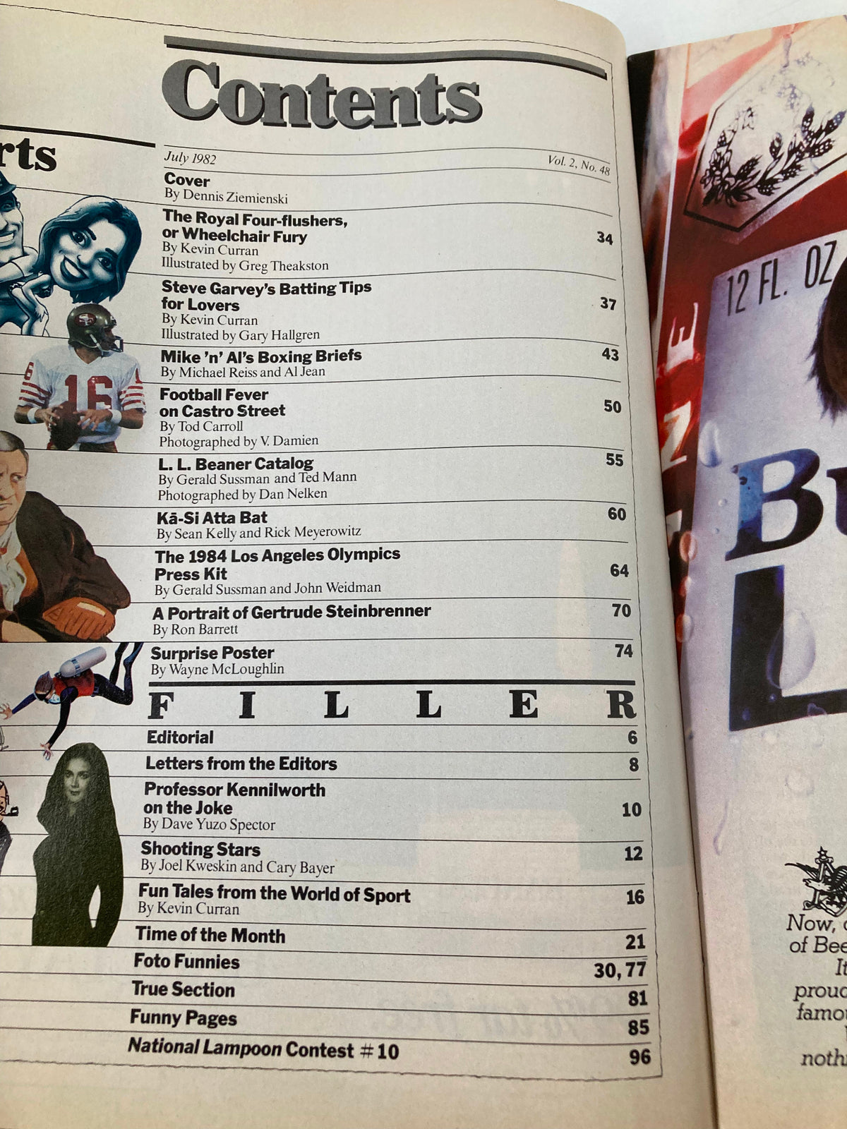 Table of contents from National Lampoon Humor Magazine July 1982, detailing various articles including Steve Garvey's Batting Tips for Lovers. The layout highlights the magazine's comedic content and editorial style.