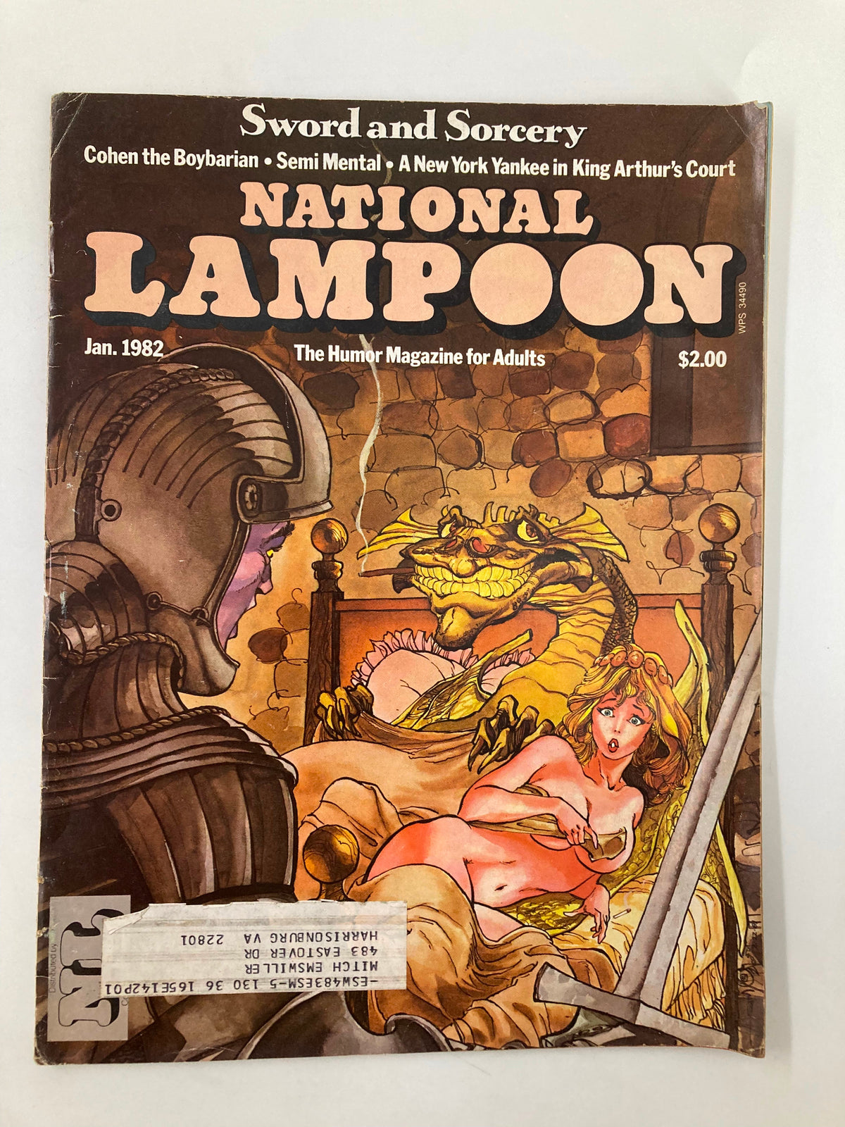 Cover of National Lampoon Humor Magazine January 1982 featuring 'Sword and Sorcery Cohen Boybarian,' showcasing comedic fantasy art and nostalgic 80s humor.