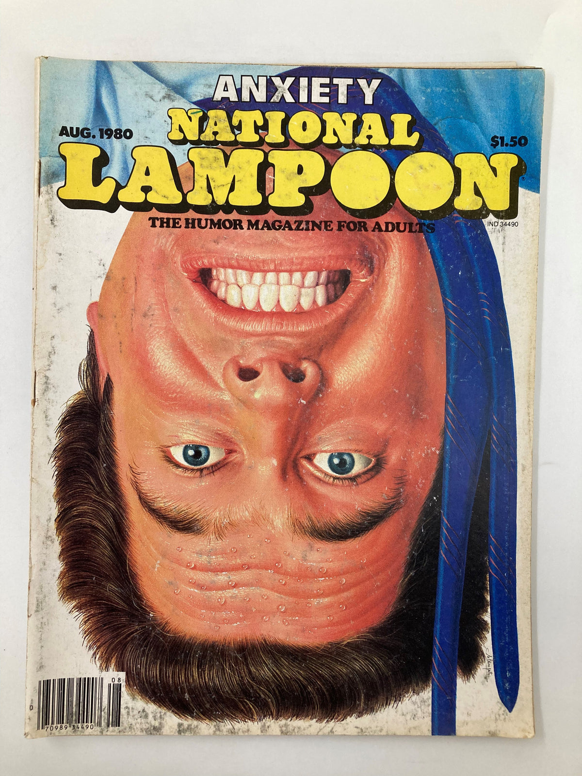 Cover of National Lampoon Humor Magazine August 1980 featuring the theme 'Anxiety' with humorous artwork showing a smiling man's face.