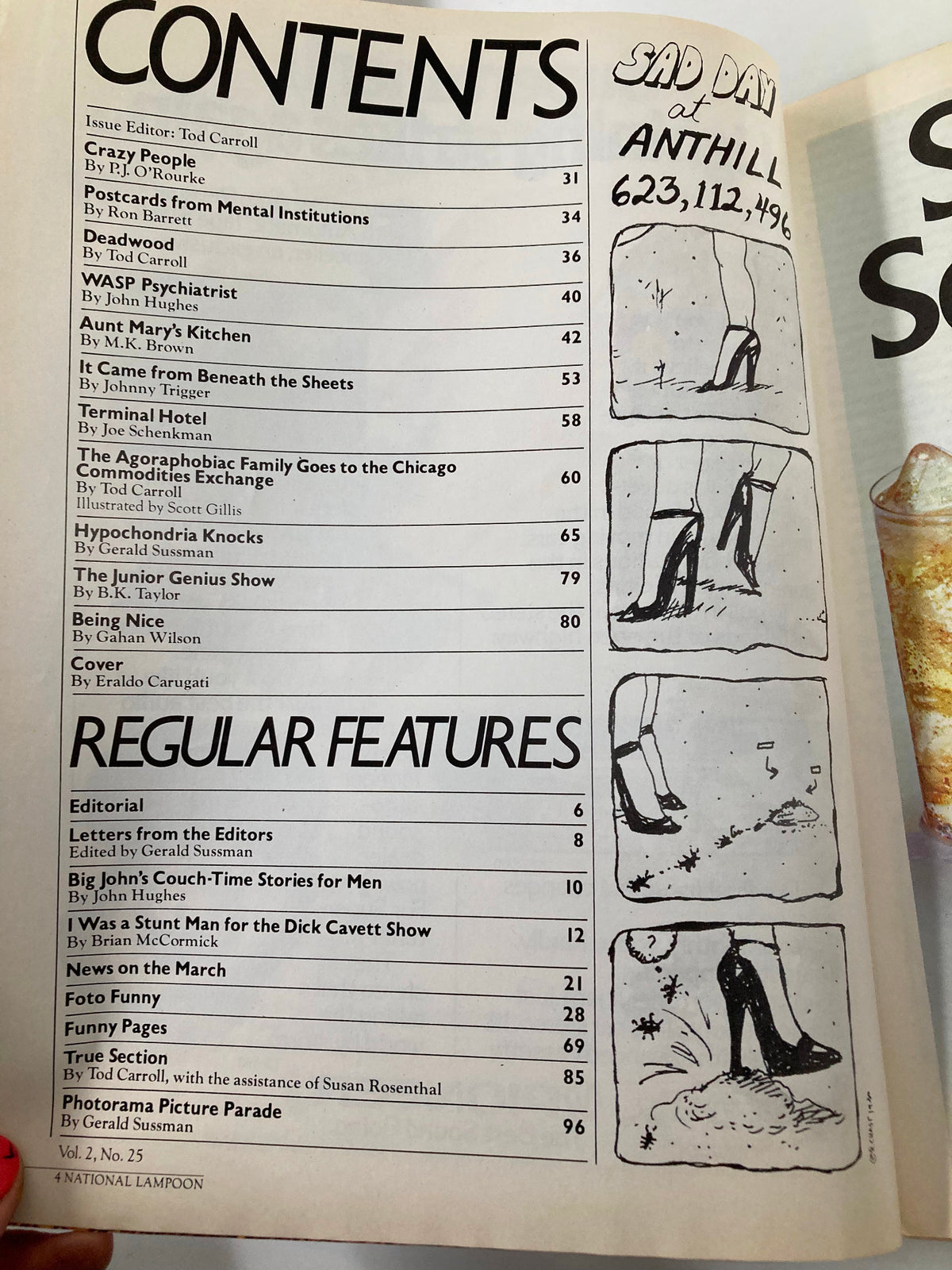 Contents page of National Lampoon Humor Magazine August 1980 displaying article titles and features including 'Postcards from Mental Institutions' and other humor pieces.