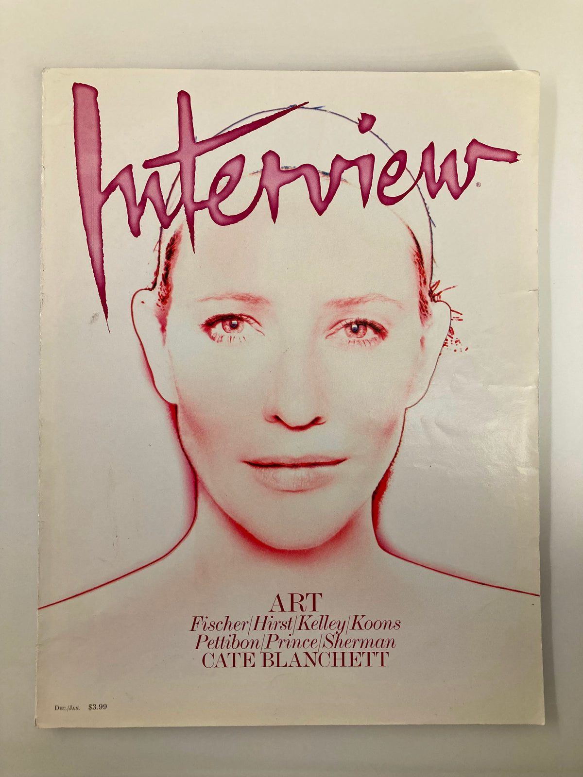 Interview Magazine cover from December 2008 featuring Cate Blanchett, highlighting ART with a focus on contemporary artists like Hirst, Kelley, and Koons.