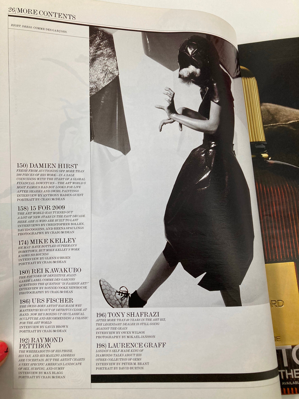 Contents page of December 2008 Interview Magazine, listing key features including Rei Kawakubo and other artists, accompanied by a portrait photograph.