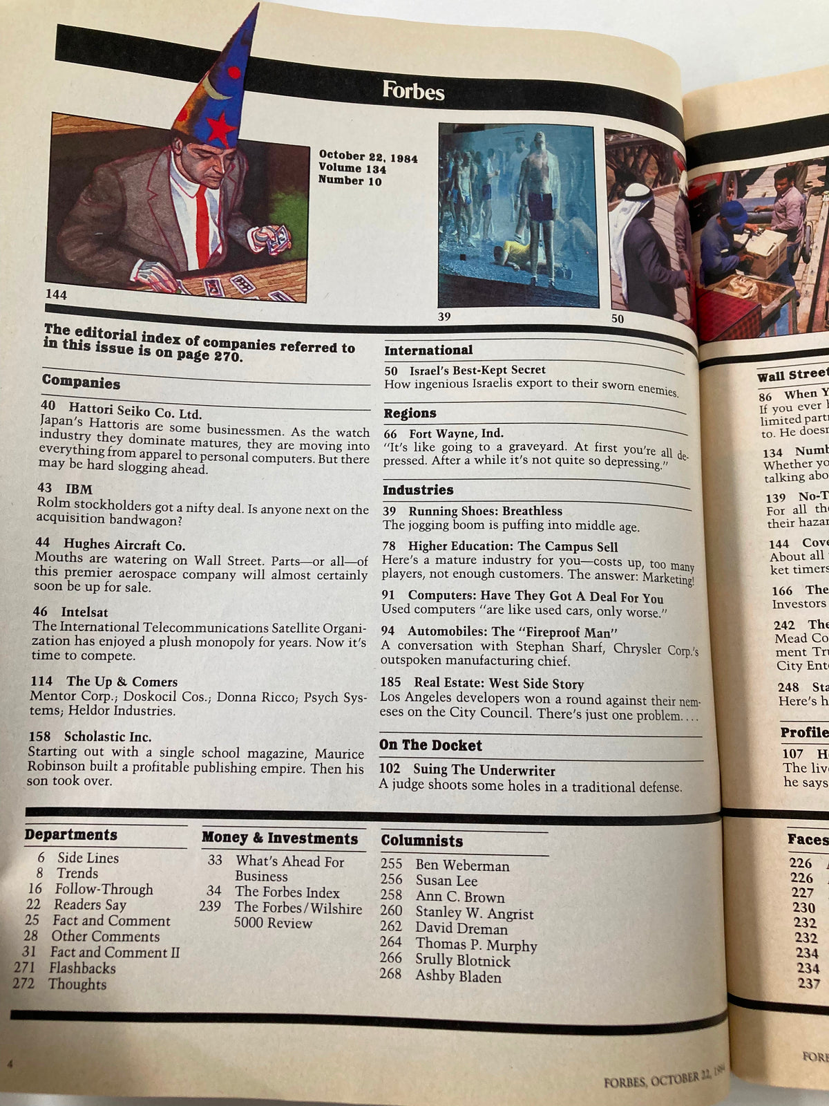 Page from the October 22, 1984 issue of Forbes Magazine titled 'How The Wizards Get Rich Even If You Don't', showing an editorial index of companies and features from that edition.