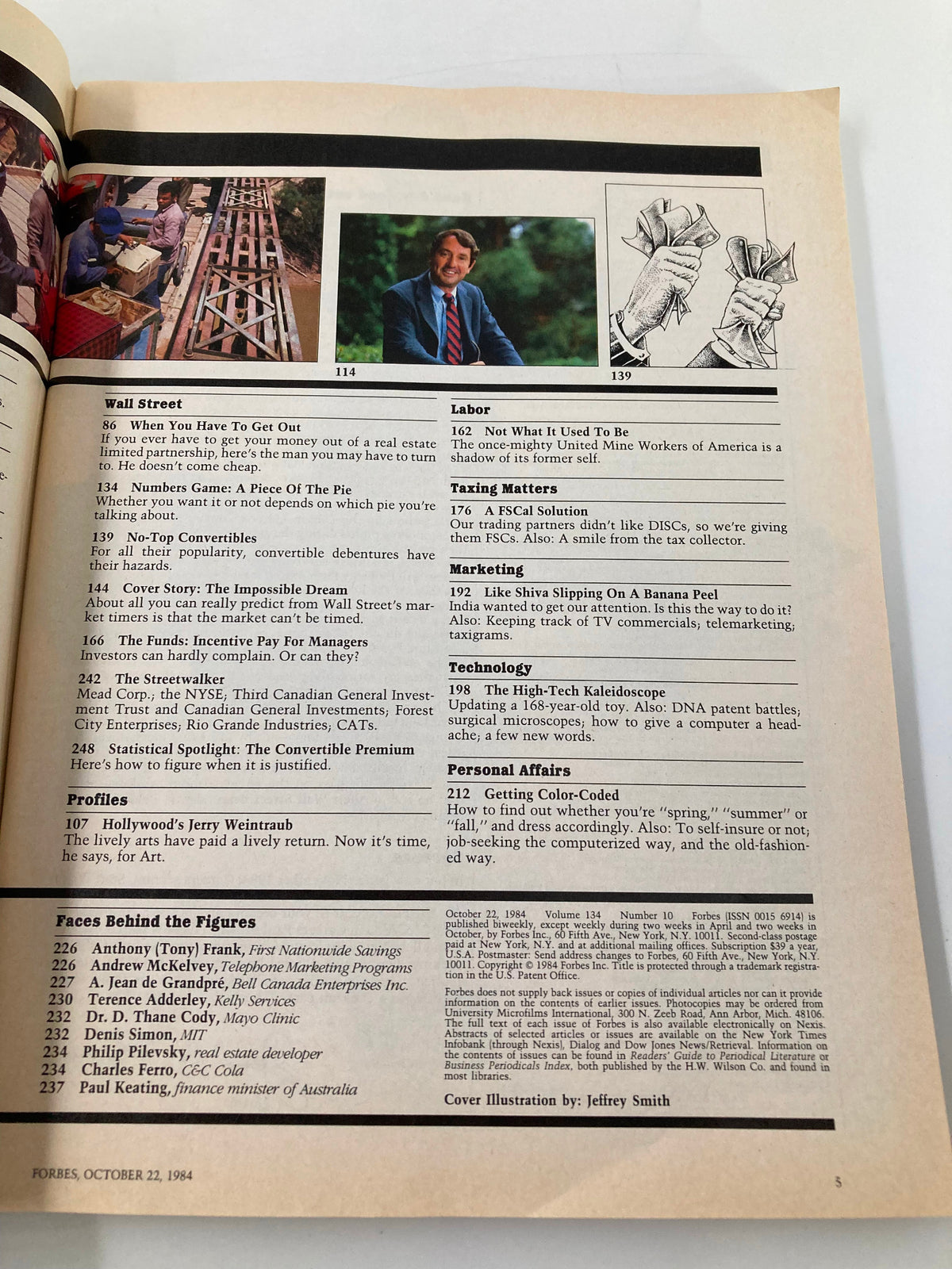 Another page from the October 22, 1984 issue of Forbes Magazine titled 'How The Wizards Get Rich Even If You Don't', detailing various articles and sections including Wall Street insights.
