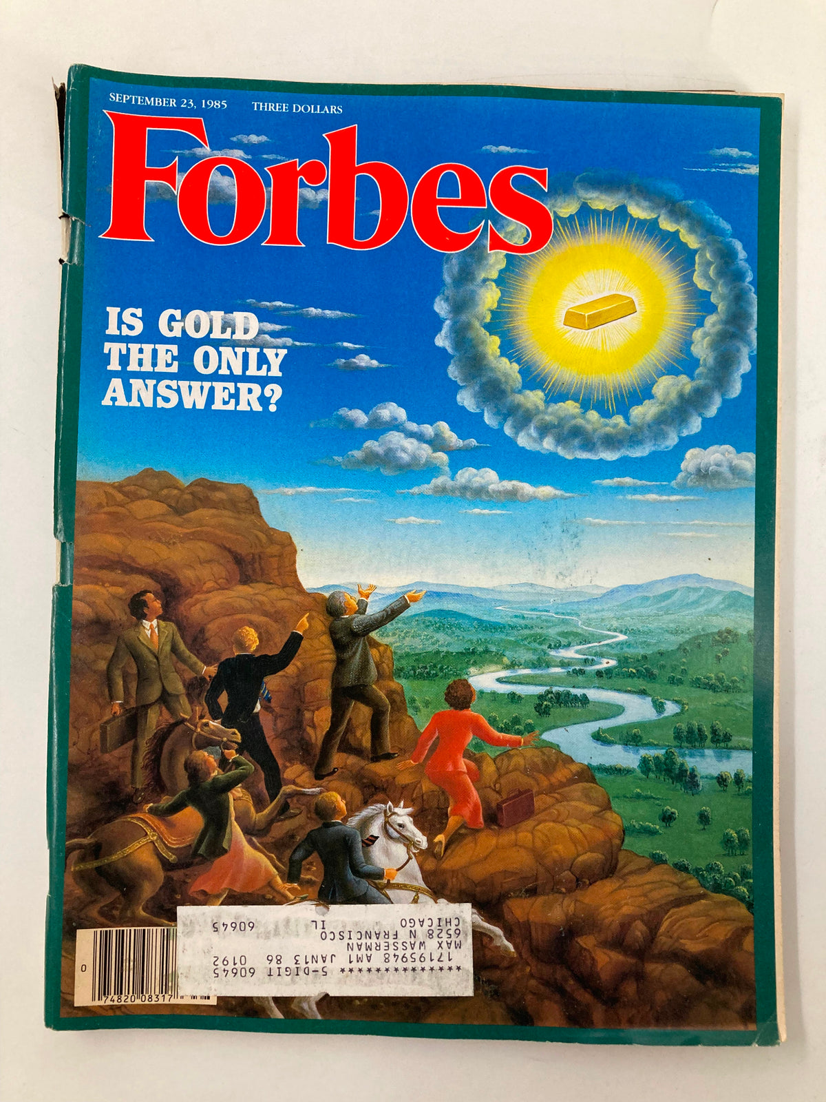 Cover of the VTG Forbes Magazine dated September 23, 1985, featuring the title 'Is Gold The Only Answer?' with a vibrant illustration depicting individuals on a rocky landscape pointing towards a shining gold bar in the sky.