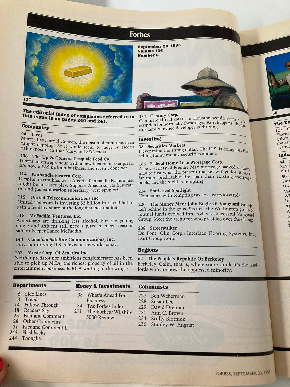 Interior page of the VTG Forbes Magazine, dated September 23, 1985, containing the editorial index and highlights articles related to the topic 'Is Gold The Only Answer?'