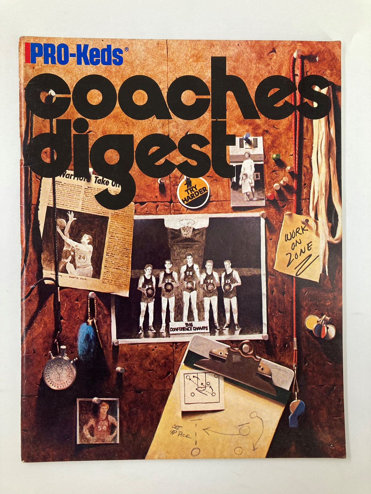 VTG 1977 Pro-Keds Coaches Digest featuring a nostalgic cover showcasing various basketball-themed elements, illustrating a vintage magazine style.