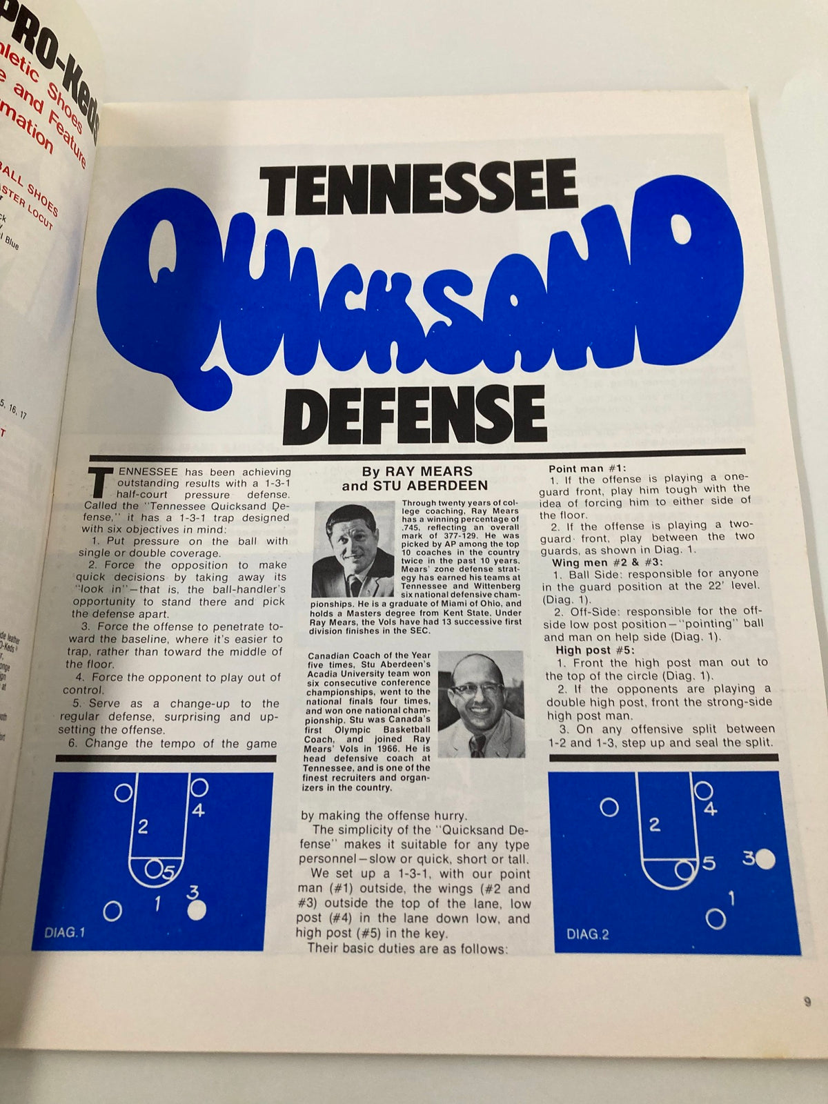 VTG 1977 Pro-Keds Coaches Digest page detailing the Tennessee Quicksand Defense strategy, featuring bold blue typography and diagrams for basketball coaching.