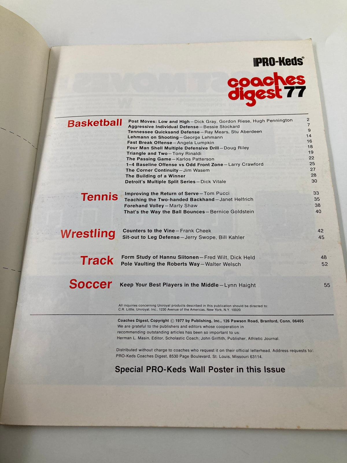 VTG 1977 Pro-Keds Coaches Digest table of contents page listing various sports topics including basketball, tennis, and wrestling from the magazine.