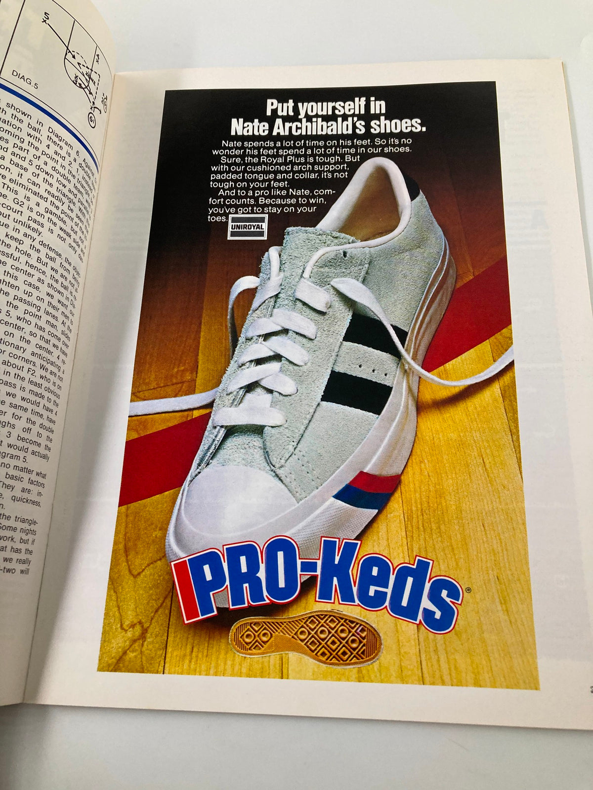 VTG 1977 Pro-Keds Coaches Digest advertisement page featuring PRO-Keds sneakers, showcasing a basketball theme with a prominent sneaker display.